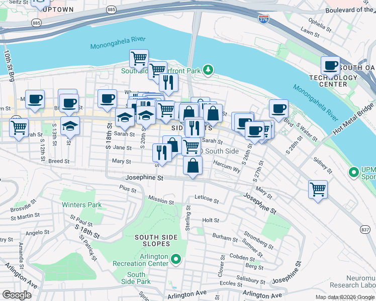 map of restaurants, bars, coffee shops, grocery stores, and more near 2218 Jane Street in Pittsburgh