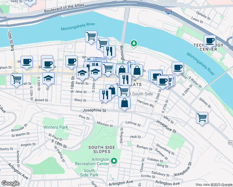 map of restaurants, bars, coffee shops, grocery stores, and more near 2218 Jane Street in Pittsburgh
