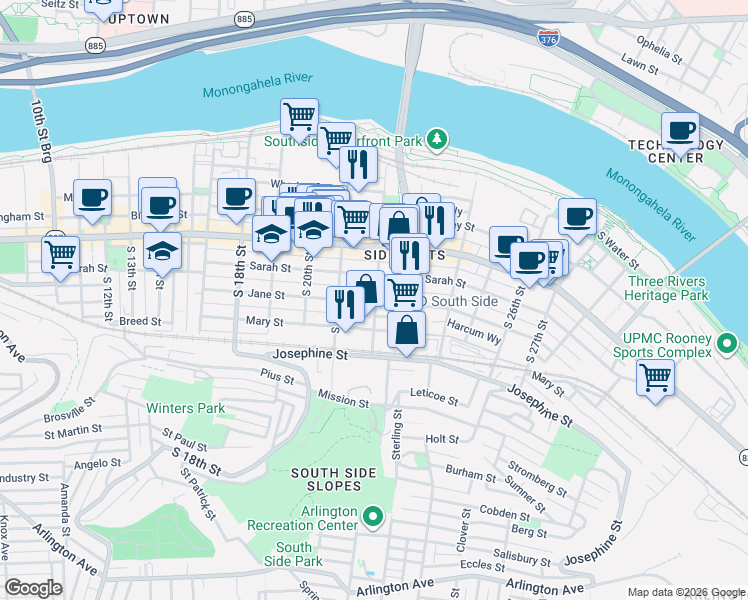 map of restaurants, bars, coffee shops, grocery stores, and more near 150 South 22nd Street in Pittsburgh