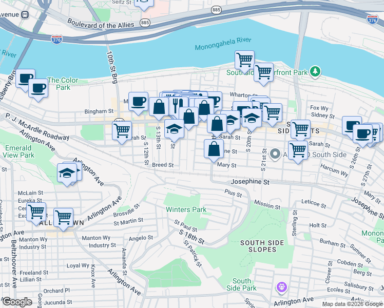 map of restaurants, bars, coffee shops, grocery stores, and more near 166 South 16th Street in Pittsburgh