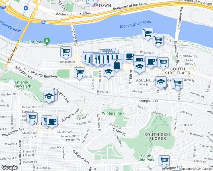 map of restaurants, bars, coffee shops, grocery stores, and more near 35 Uxor Way in Pittsburgh