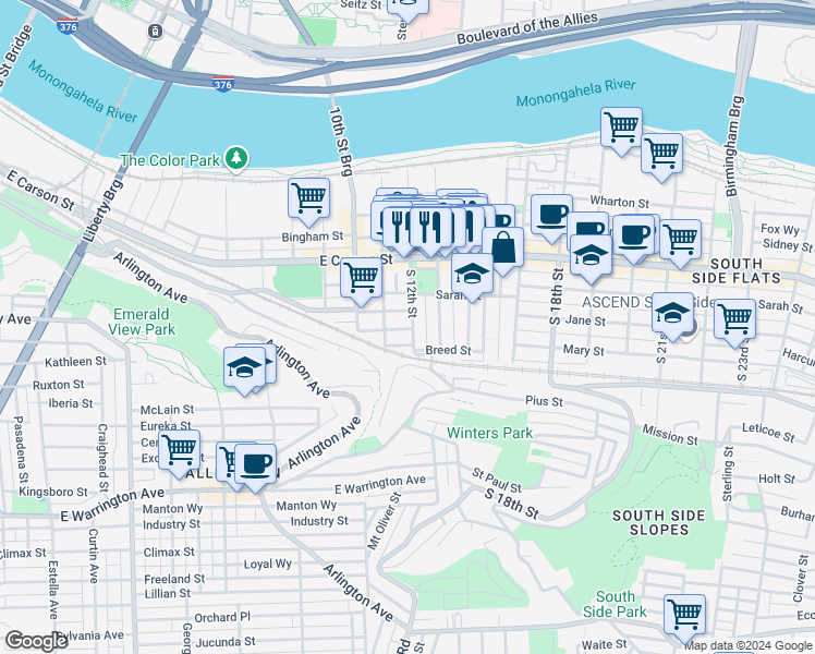 map of restaurants, bars, coffee shops, grocery stores, and more near 34 Enon Way in Pittsburgh