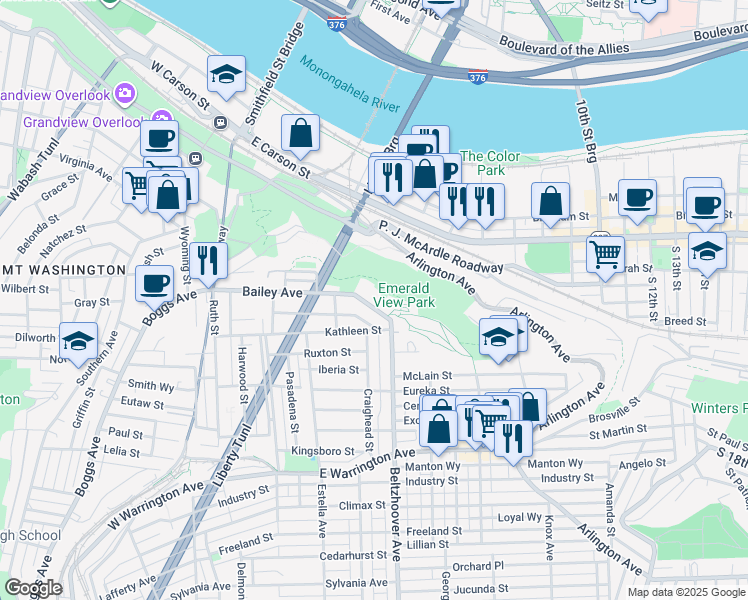 map of restaurants, bars, coffee shops, grocery stores, and more near 427 Bailey Avenue in Pittsburgh
