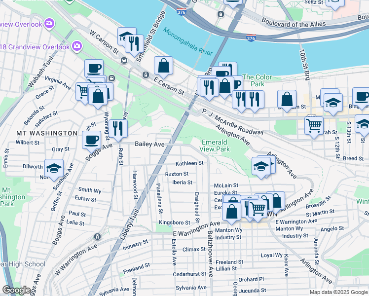 map of restaurants, bars, coffee shops, grocery stores, and more near 405 Kambach Street in Pittsburgh