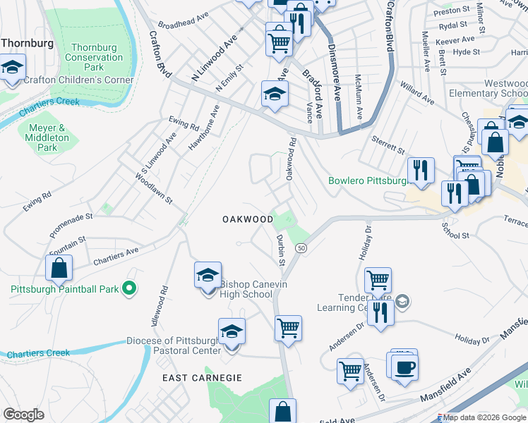 map of restaurants, bars, coffee shops, grocery stores, and more near 1715 Durbin Street in Pittsburgh