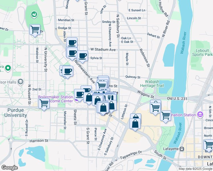 map of restaurants, bars, coffee shops, grocery stores, and more near 323 North Chauncey Avenue in West Lafayette