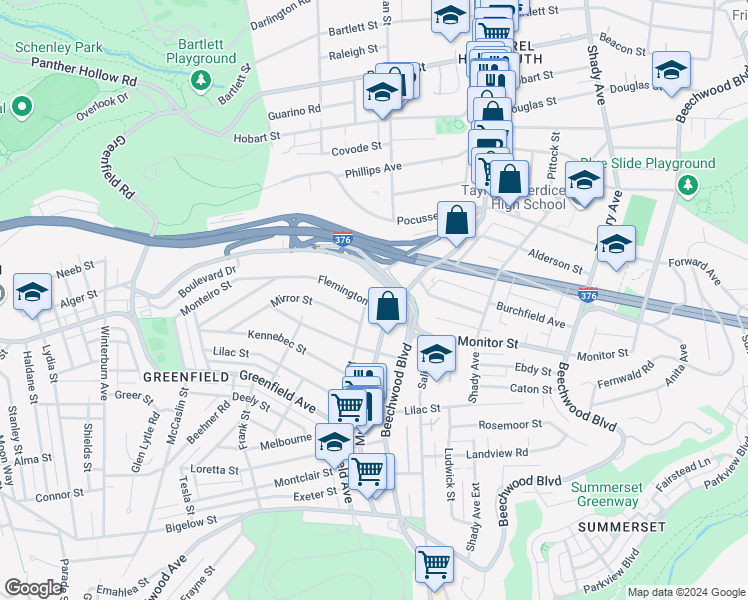 map of restaurants, bars, coffee shops, grocery stores, and more near 1067 Flemington Street in Pittsburgh