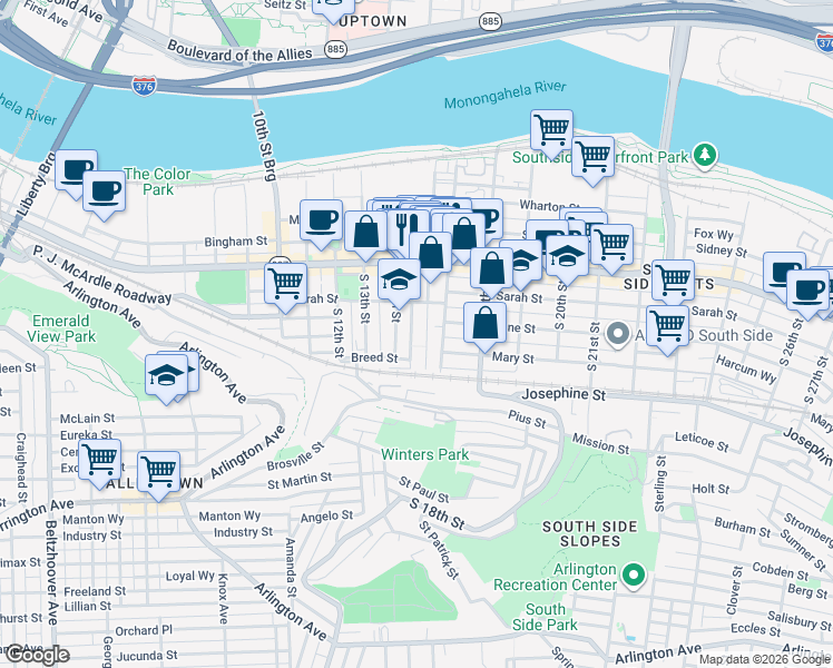 map of restaurants, bars, coffee shops, grocery stores, and more near 141 South 15th Street in Pittsburgh