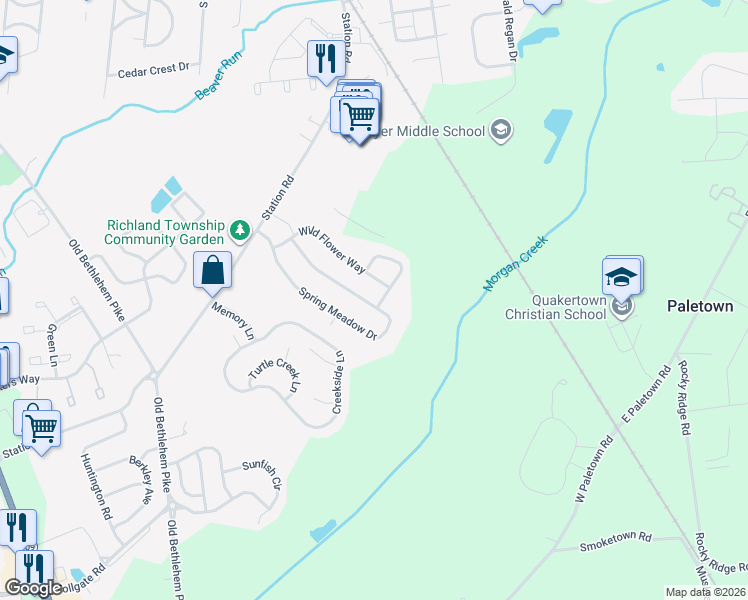 map of restaurants, bars, coffee shops, grocery stores, and more near 1135 Spring Meadow Drive in Quakertown