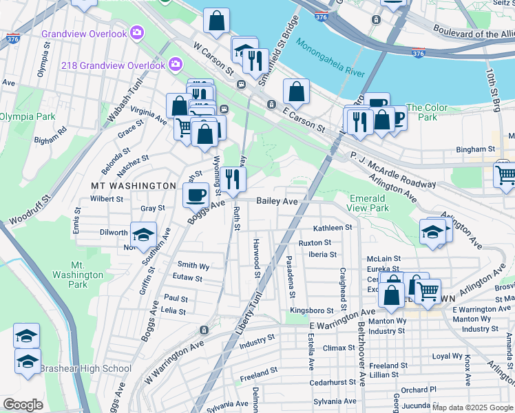 map of restaurants, bars, coffee shops, grocery stores, and more near 112 Bailey Avenue in Pittsburgh