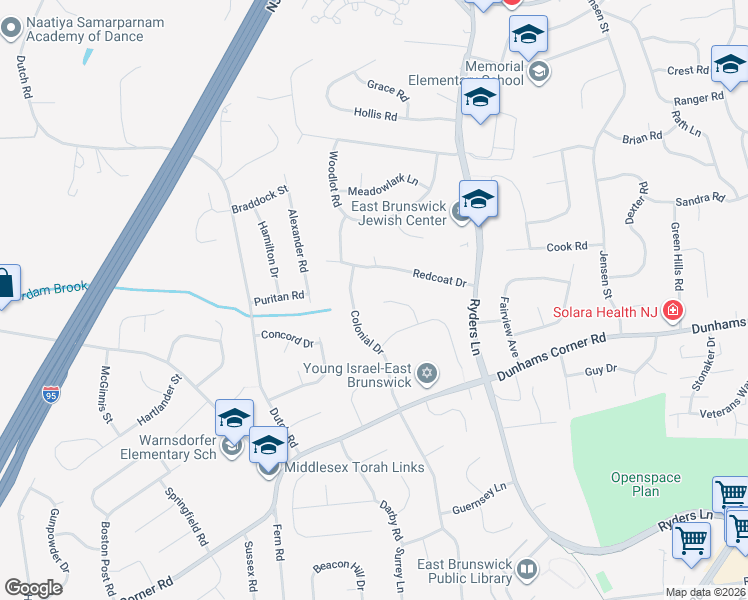 map of restaurants, bars, coffee shops, grocery stores, and more near 13 Bristol Court in East Brunswick