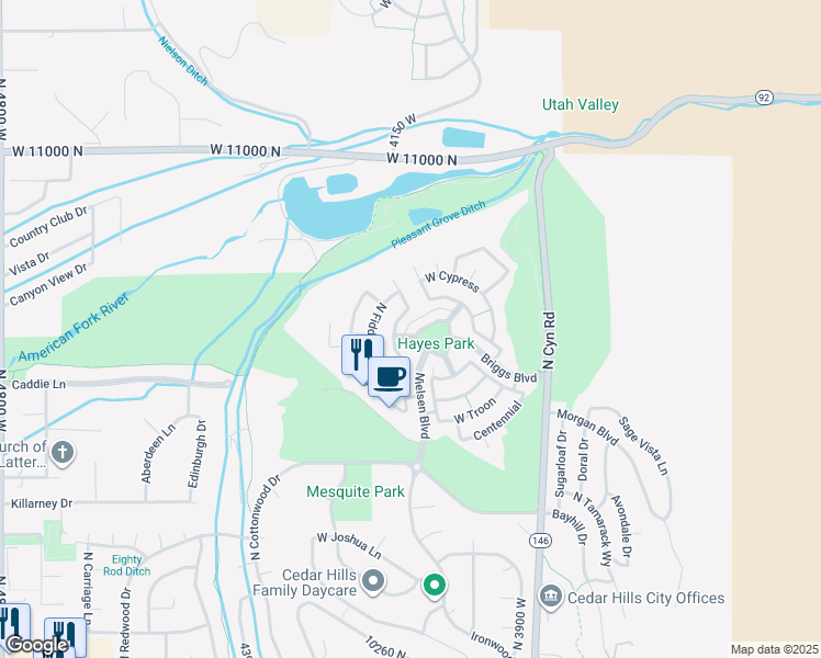 map of restaurants, bars, coffee shops, grocery stores, and more near 4122 Hayes Circle in Cedar Hills