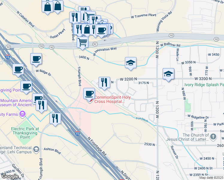 map of restaurants, bars, coffee shops, grocery stores, and more near 1606 WestBury Way in Lehi