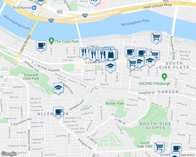 map of restaurants, bars, coffee shops, grocery stores, and more near 125 South 12th Street in Pittsburgh