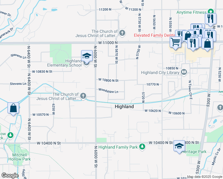 map of restaurants, bars, coffee shops, grocery stores, and more near 5874 Woodshire Lane in Highland