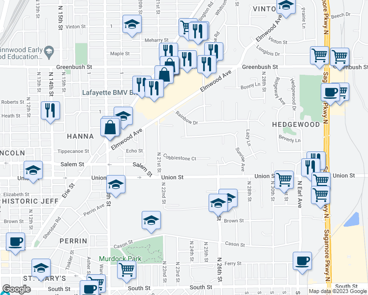 map of restaurants, bars, coffee shops, grocery stores, and more near 1005 North 21st Street in Lafayette