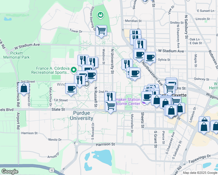 map of restaurants, bars, coffee shops, grocery stores, and more near 201 North University Street in West Lafayette
