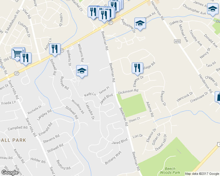 map of restaurants, bars, coffee shops, grocery stores, and more near 20 Setter Place in South Brunswick Township