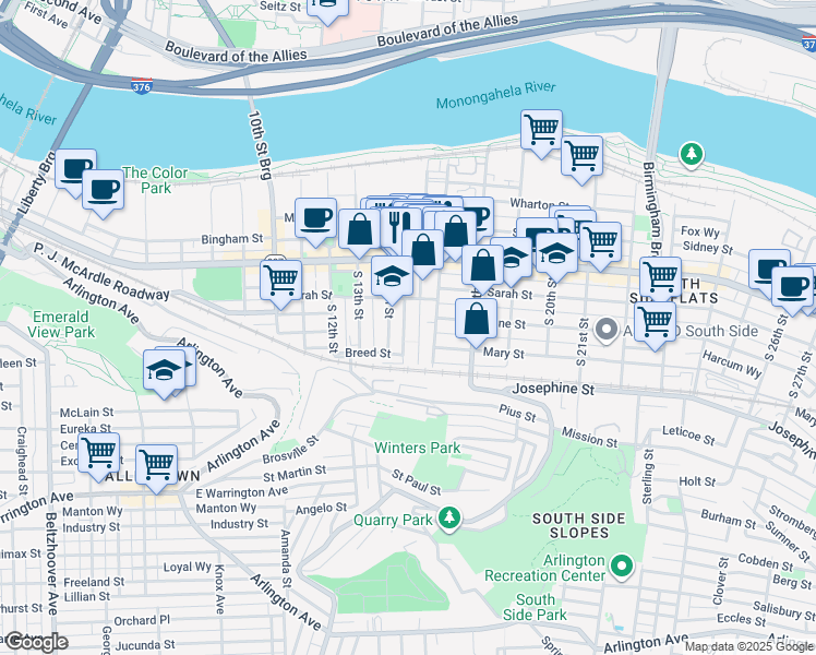 map of restaurants, bars, coffee shops, grocery stores, and more near 166 South 16th Street in Pittsburgh
