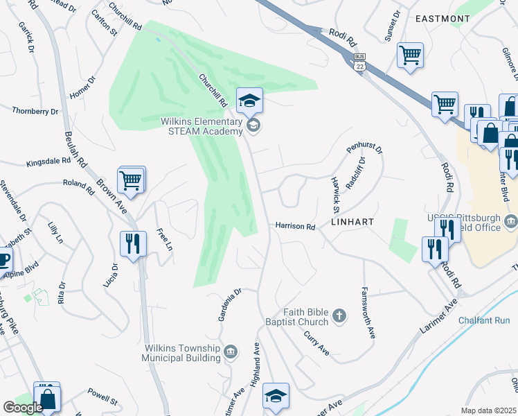 map of restaurants, bars, coffee shops, grocery stores, and more near 307 Churchill Road in Pittsburgh