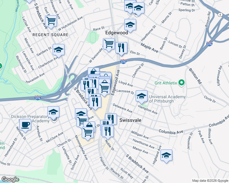 map of restaurants, bars, coffee shops, grocery stores, and more near 7932 Edgewood Avenue in Pittsburgh