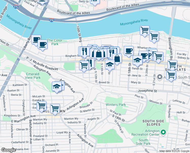 map of restaurants, bars, coffee shops, grocery stores, and more near 34 Enon Way in Pittsburgh