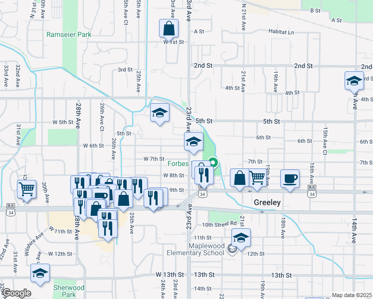 map of restaurants, bars, coffee shops, grocery stores, and more near 2309 West 7th Street in Greeley