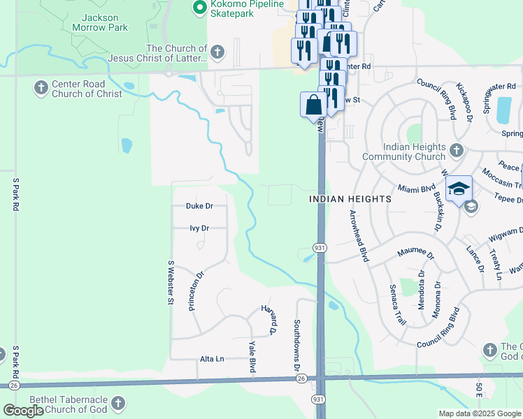 map of restaurants, bars, coffee shops, grocery stores, and more near 129 Patricia Drive in Kokomo