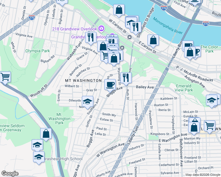 map of restaurants, bars, coffee shops, grocery stores, and more near 121 Boggs Avenue in Pittsburgh