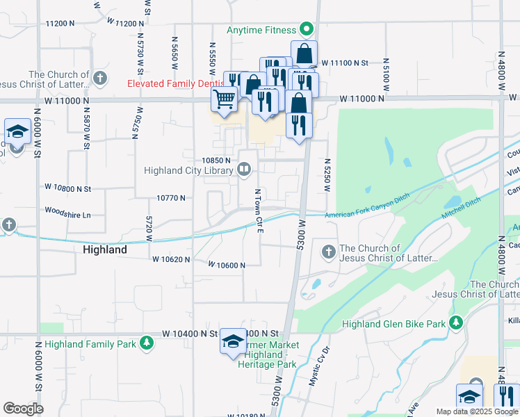 map of restaurants, bars, coffee shops, grocery stores, and more near 10645 North 5400 West in Highland
