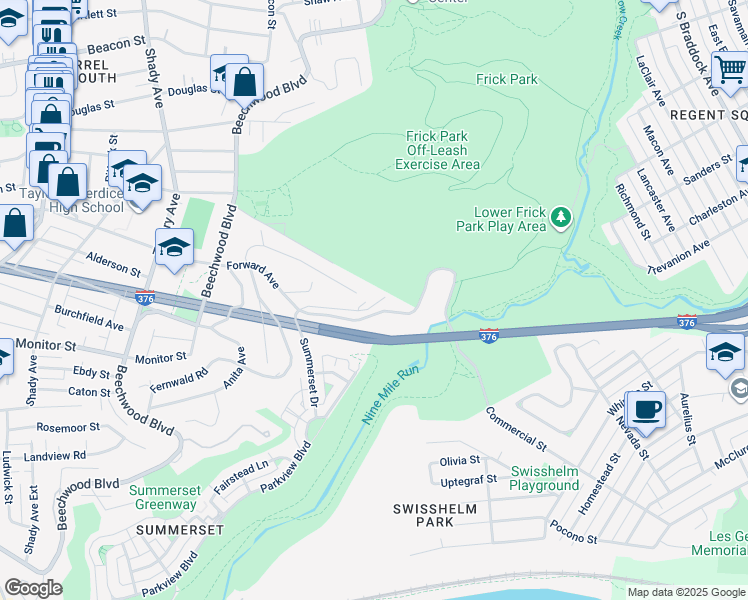 map of restaurants, bars, coffee shops, grocery stores, and more near 7070 Forward Avenue in Pittsburgh