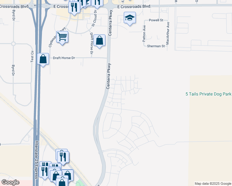 map of restaurants, bars, coffee shops, grocery stores, and more near Centerra Parkway in Loveland