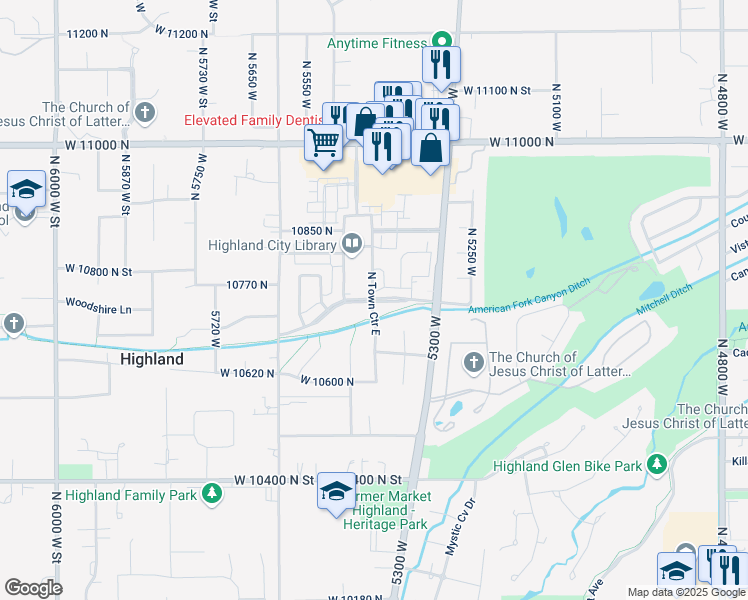 map of restaurants, bars, coffee shops, grocery stores, and more near 10645 North 5400 West in Highland