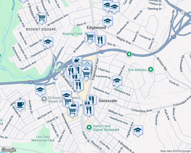 map of restaurants, bars, coffee shops, grocery stores, and more near 7932 Edgewood Avenue in Pittsburgh