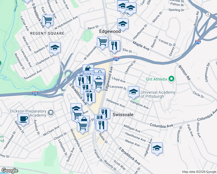 map of restaurants, bars, coffee shops, grocery stores, and more near 7932 Edgewood Avenue in Pittsburgh