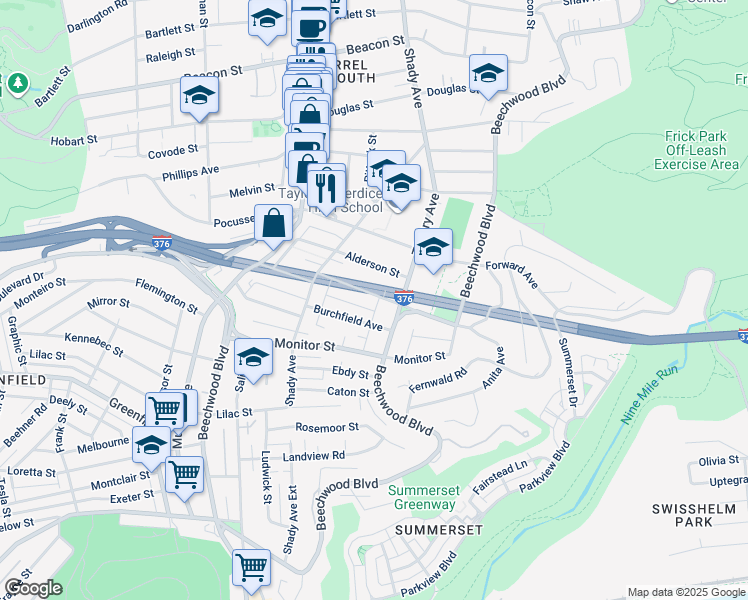 map of restaurants, bars, coffee shops, grocery stores, and more near 6382 Morrowfield Avenue in Pittsburgh