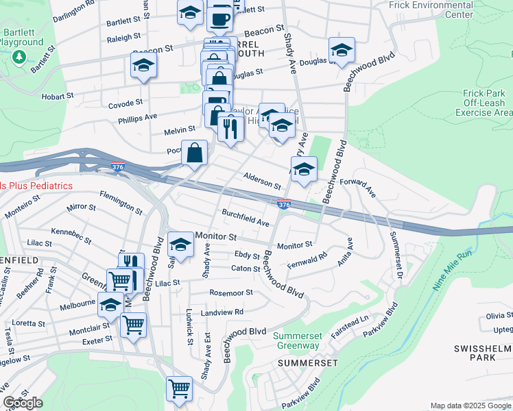 map of restaurants, bars, coffee shops, grocery stores, and more near 6343 Burchfield Avenue in Pittsburgh