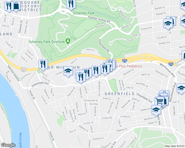 map of restaurants, bars, coffee shops, grocery stores, and more near in Pittsburgh