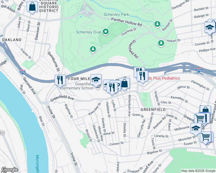 map of restaurants, bars, coffee shops, grocery stores, and more near 3925 Lydia Street in Pittsburgh