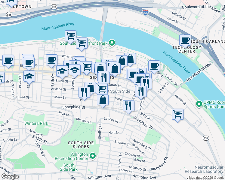 map of restaurants, bars, coffee shops, grocery stores, and more near 2315 Jane Street in Pittsburgh