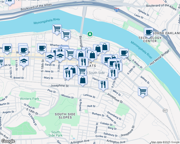 map of restaurants, bars, coffee shops, grocery stores, and more near 2315 Jane Street in Pittsburgh