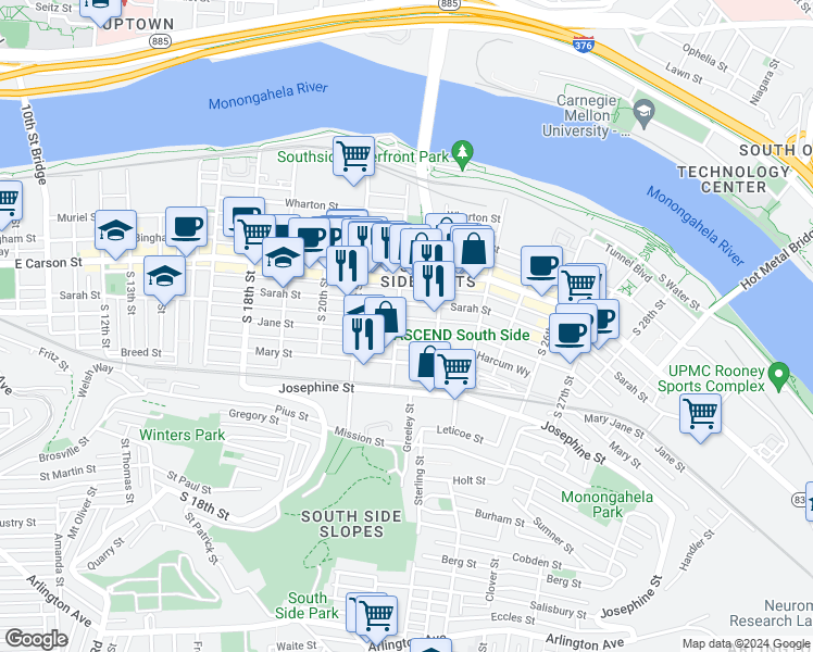 map of restaurants, bars, coffee shops, grocery stores, and more near 2218 Jane Street in Pittsburgh