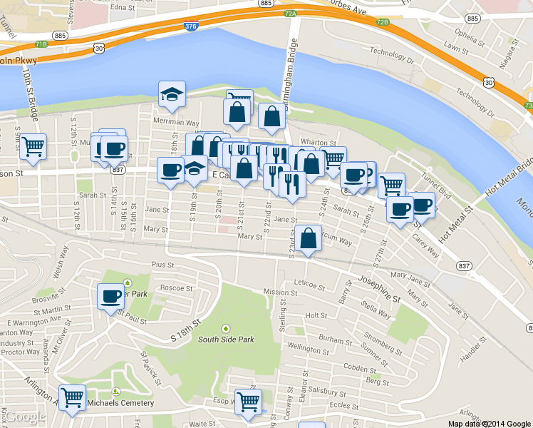 map of restaurants, bars, coffee shops, grocery stores, and more near 150 South 22nd Street in Pittsburgh