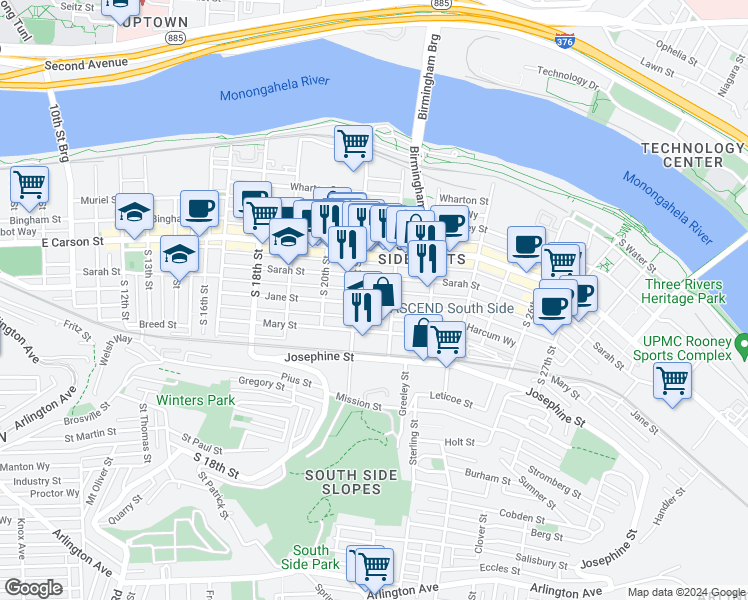 map of restaurants, bars, coffee shops, grocery stores, and more near 150 South 22nd Street in Pittsburgh