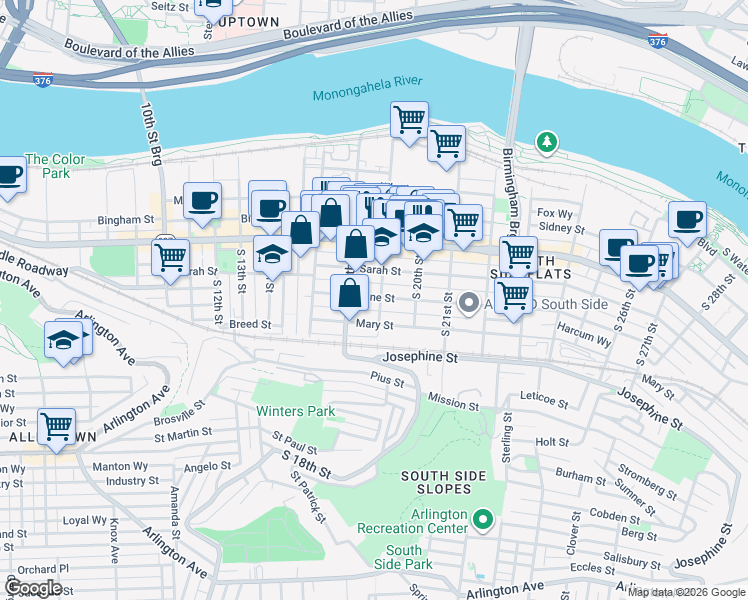 map of restaurants, bars, coffee shops, grocery stores, and more near 1819 Harcum Way in Pittsburgh