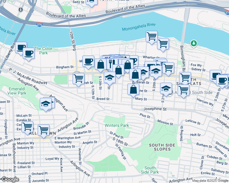 map of restaurants, bars, coffee shops, grocery stores, and more near 166 South 16th Street in Pittsburgh