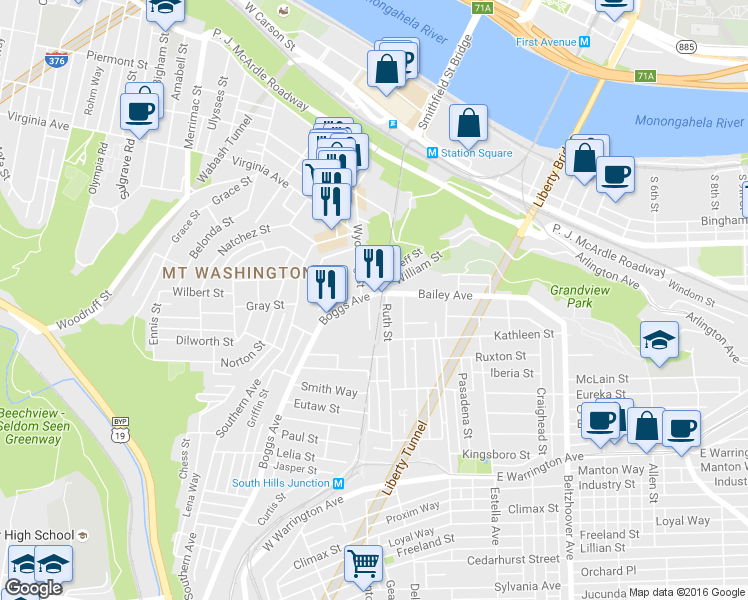 map of restaurants, bars, coffee shops, grocery stores, and more near 14 Ruth Street in Pittsburgh