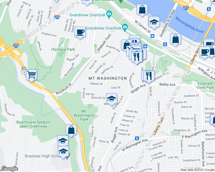 map of restaurants, bars, coffee shops, grocery stores, and more near 3 Gray Street in Pittsburgh