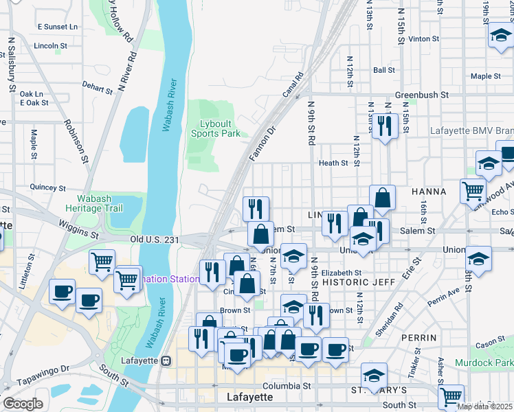 map of restaurants, bars, coffee shops, grocery stores, and more near 915 North 6th Street in Lafayette