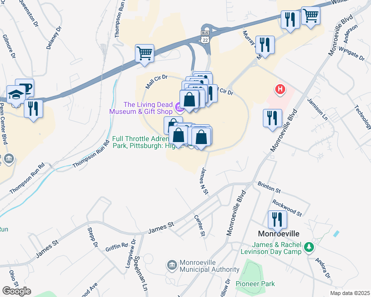 map of restaurants, bars, coffee shops, grocery stores, and more near Monroeville Mall in Monroeville